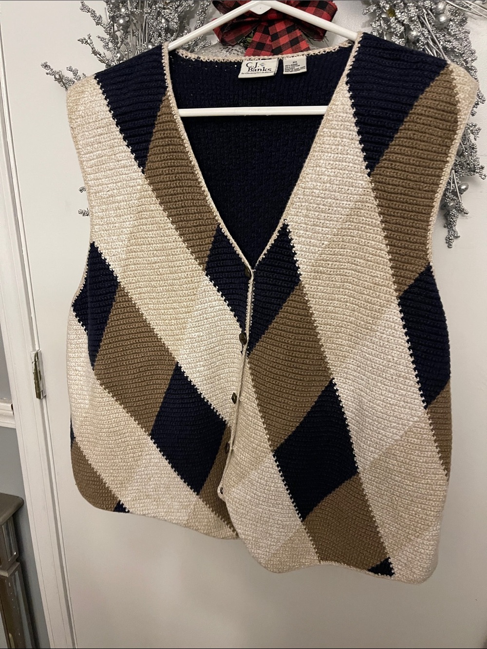CJ Banks Navy, Cream & Brown Argyle Button-Front Sweater Vest